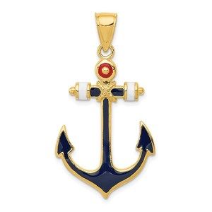 14k Yellow Gold 2-D Red White & Blue Enameled Anchor Necklace Pendant Unisex